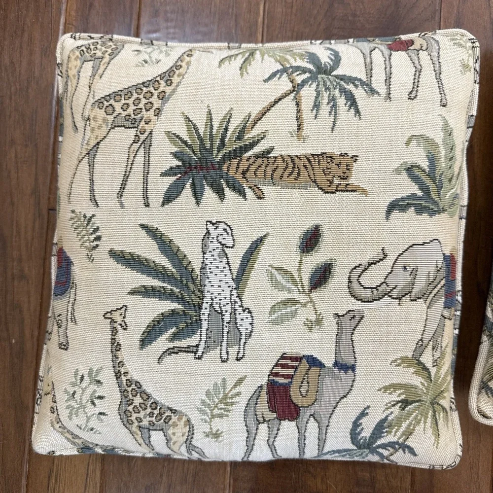 Vintage Needlepoint Safari Pillow Set 2 Elephant Camel Giraffe Tiger Animal‎ Art